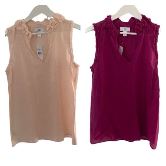 2 LOFT Rose Frilled Ruffled V Neck Tank Top Small S Pink Sleeveless Lot Set NWT - Picture 1 of 12